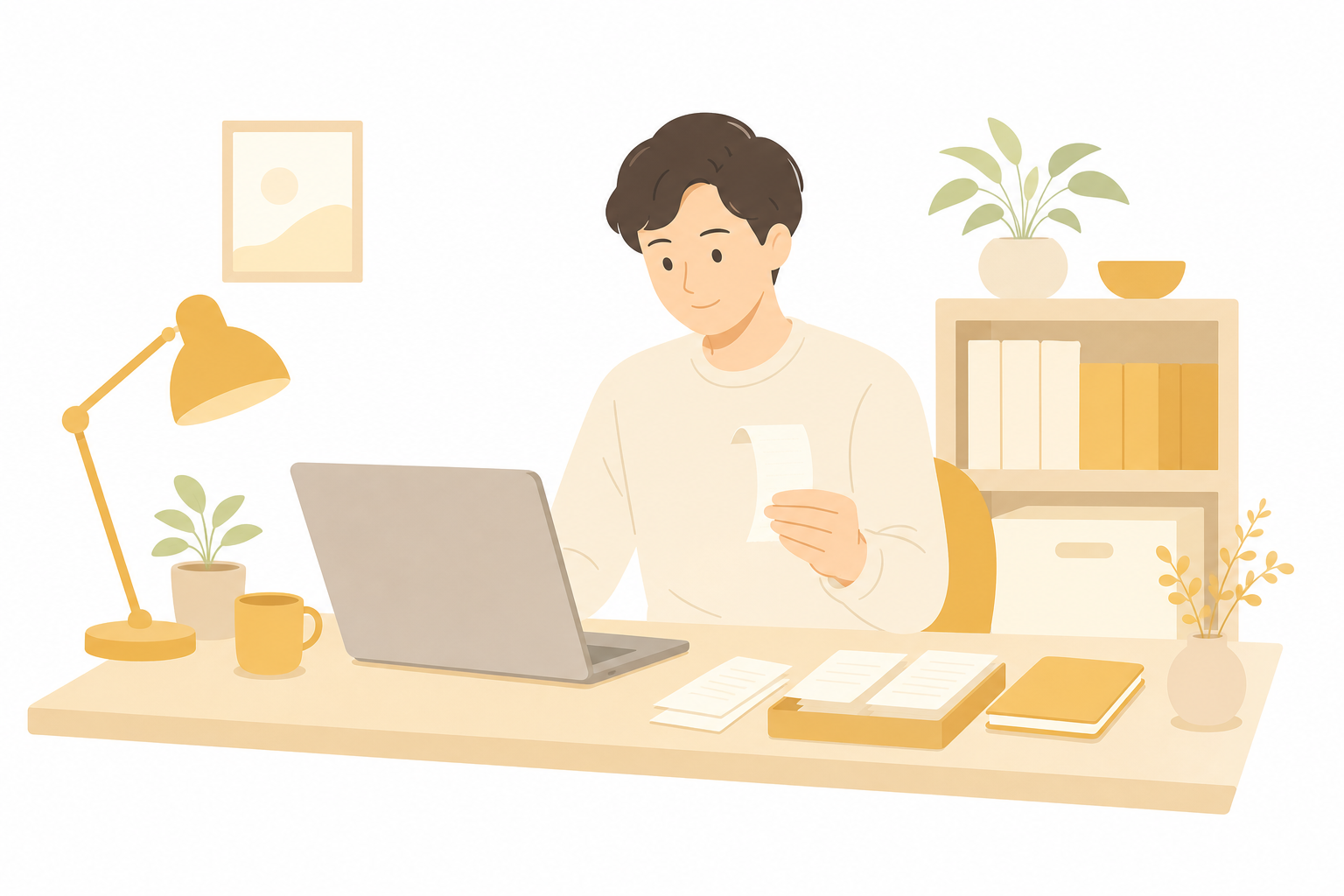 デスクでノートパソコンを開き、領収書を手に経理作業をするひとり法人の経営者のイラスト
