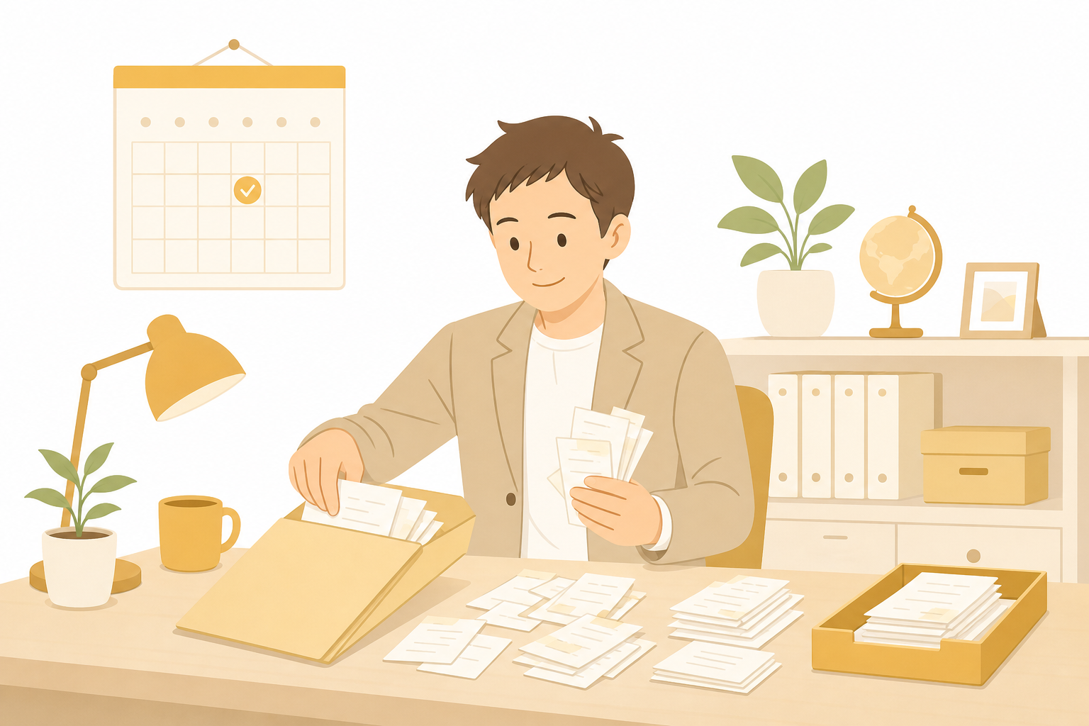 カレンダーに印をつけた部屋で、フォルダーにためた領収書を週1回まとめて整理している場面のイラスト
