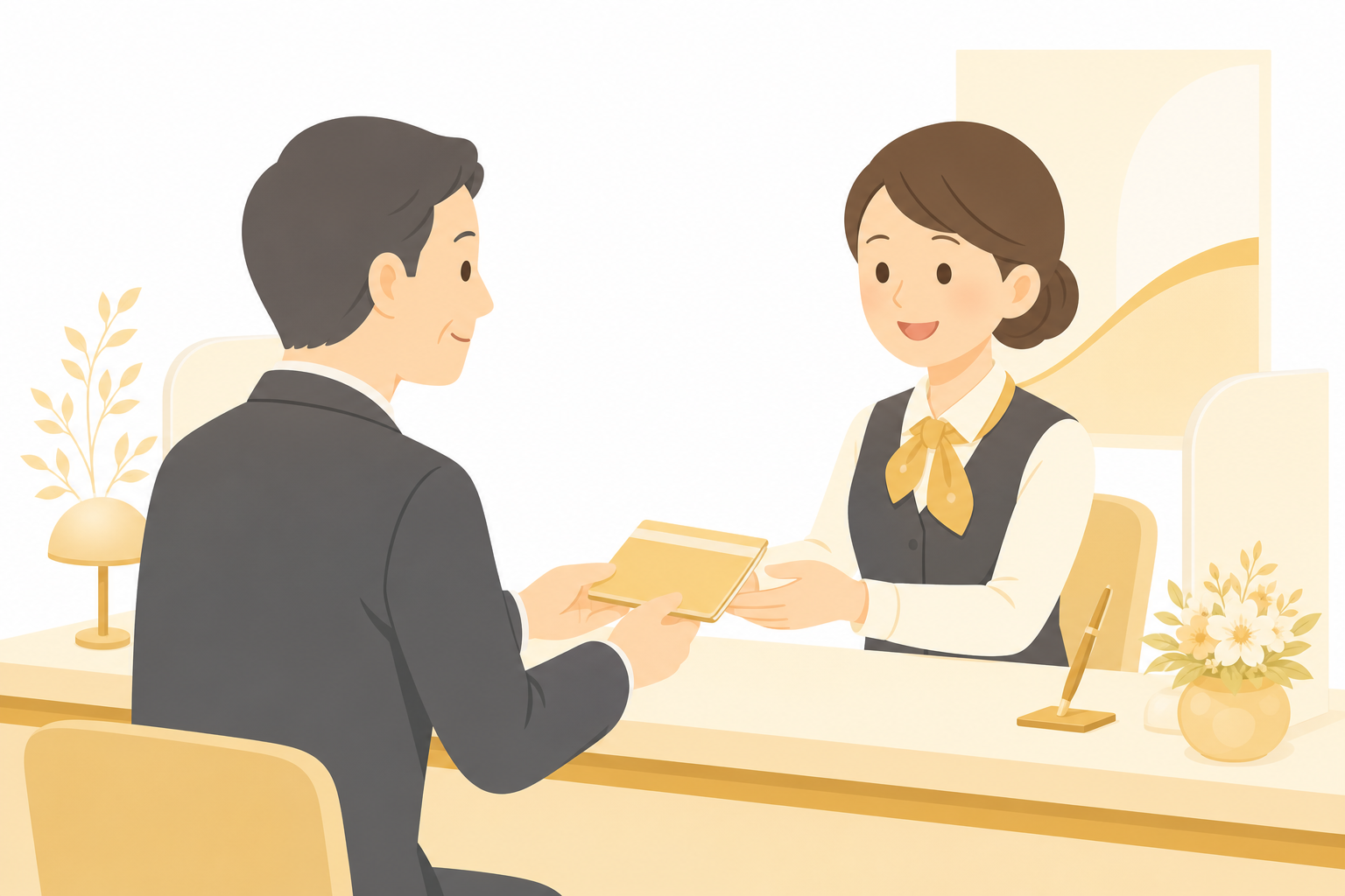 銀行の窓口で通帳を受け取る経営者のイラスト。法人口座を開設してお金の流れを会社と個人で分ける