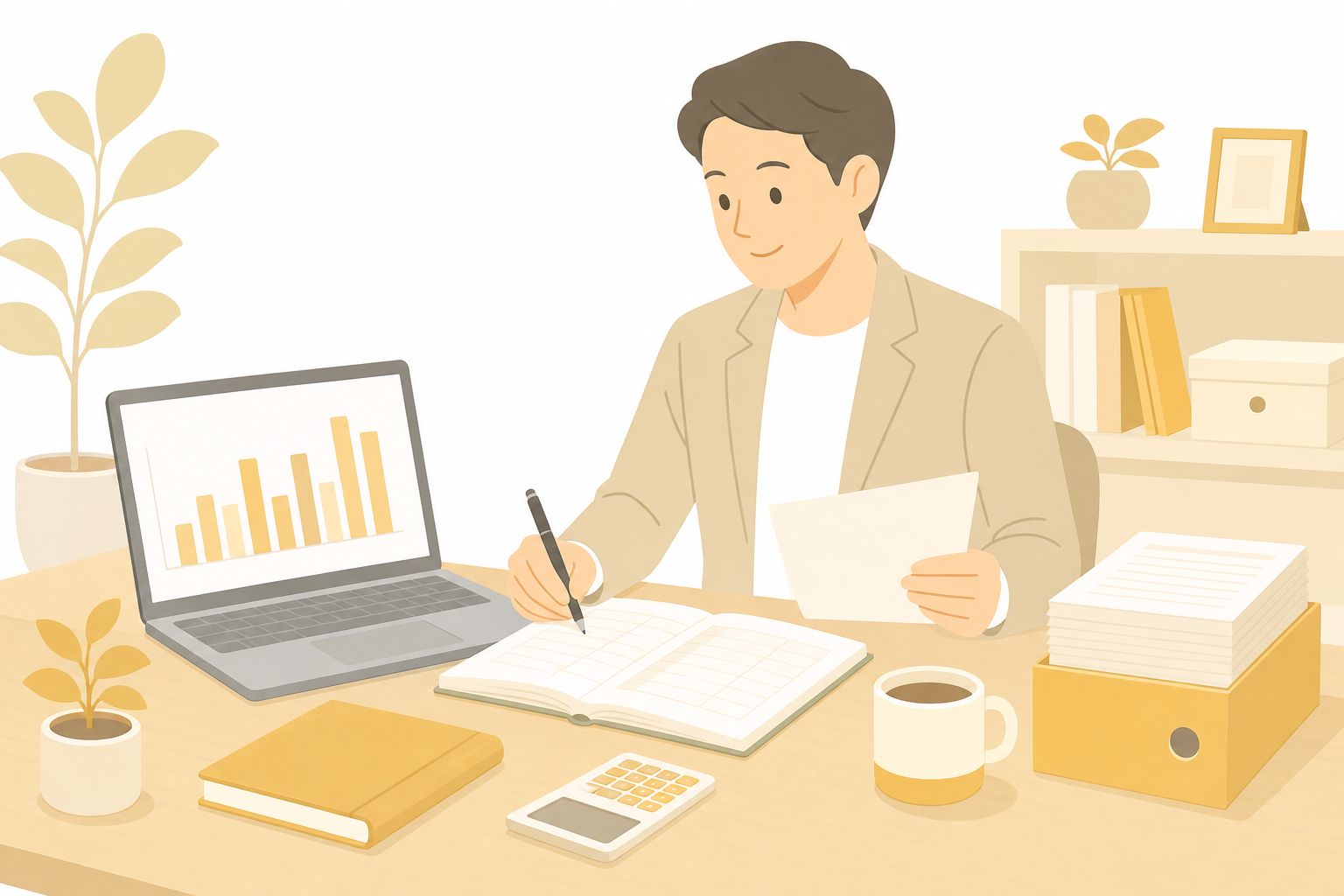 ノートパソコンの売上レポートを見ながら月1回の帳簿づけをしている経営者のイラスト
