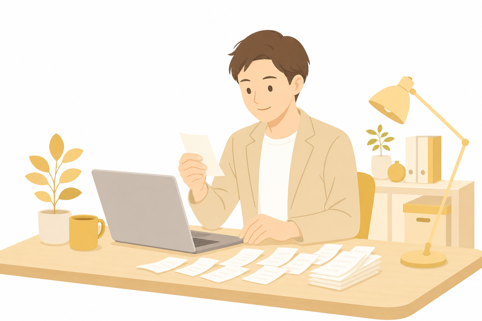ノートパソコンを見ながら領収書を1枚ずつ確認して記帳しているひとり法人の経営者のイラスト