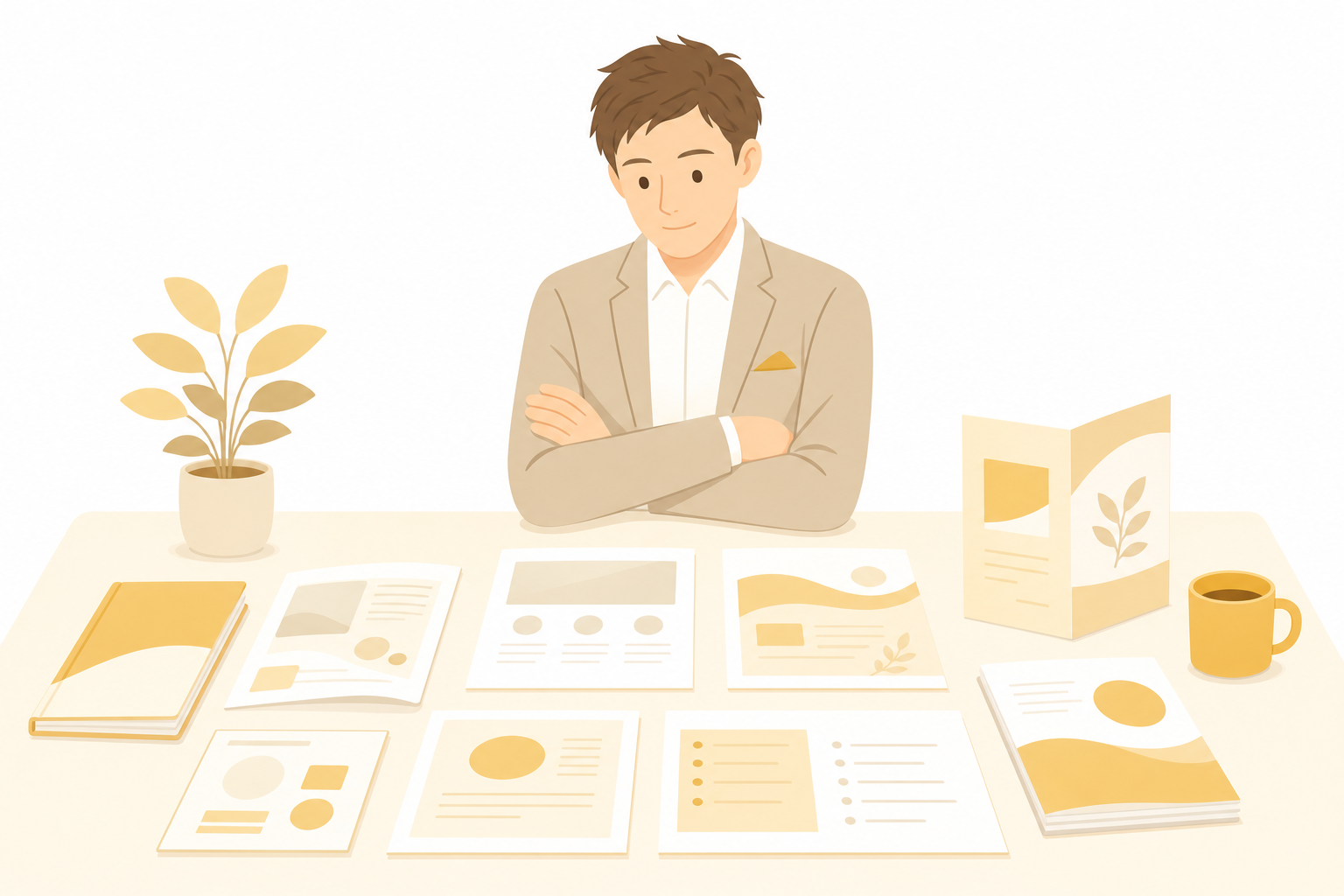 机に資料を並べて、どの会計ソフトにするか腕を組んで比較検討している経営者のイラスト